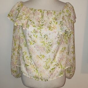 Lovecolette Longballoon Sleeve Pink Floral off white gold pink ruffle blouse Med